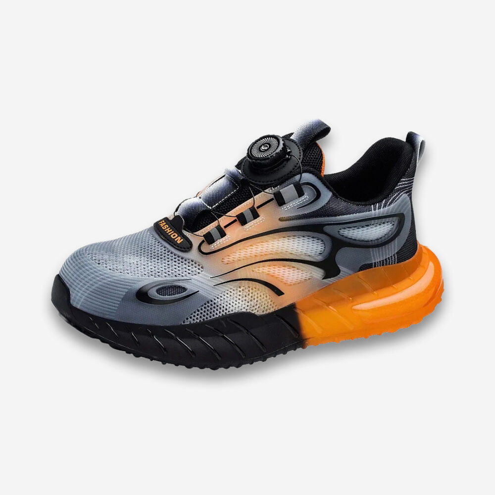 Une chaussure de sécurité orthopédiques confortable de couleur noire, grise et orange au look de basket