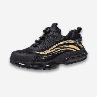 Une chaussure de sécurité orthopédique à lacets automatiques de couleur noire avec motif design doré, vue de 3/4