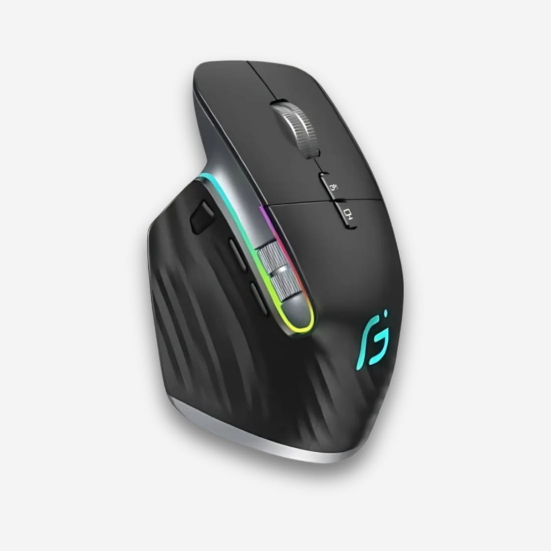 Souris orthopédique sans fil ergonomique de couleur noire avec deux molettes sur le côté gauche et une rétro éclairage. Sur fons uni clair.
