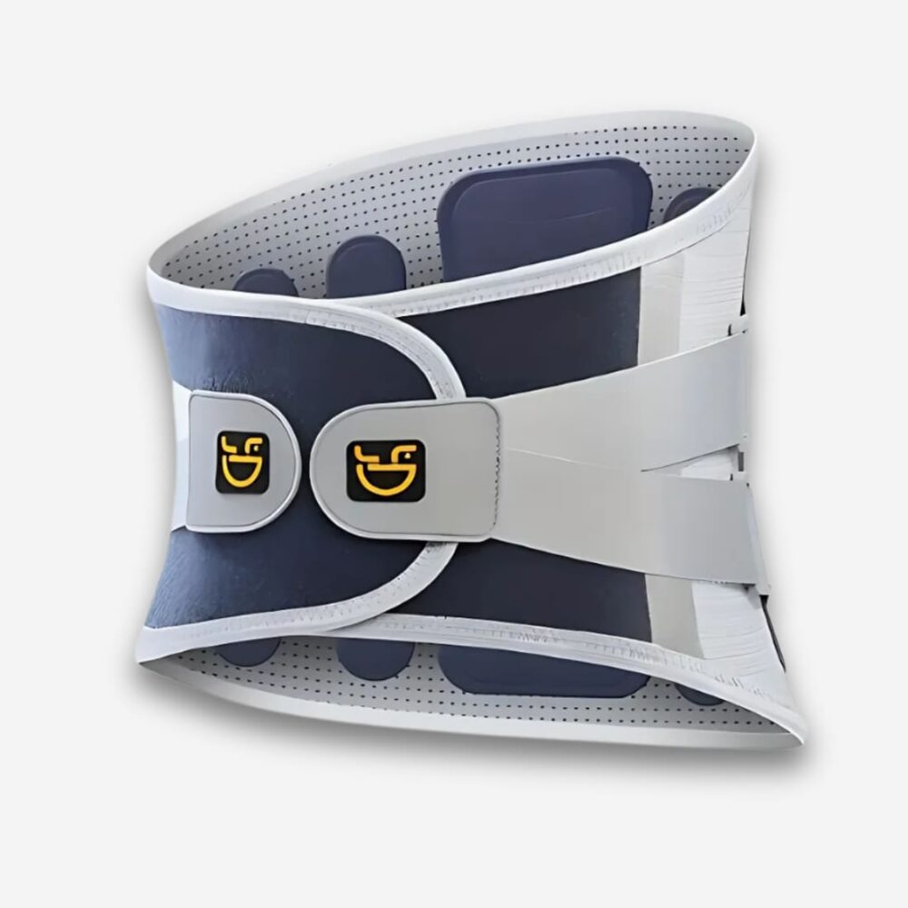 Ceinture orthopédique lombaires maille respirante de couleur blanche et bleue. Sur fond uni clair.