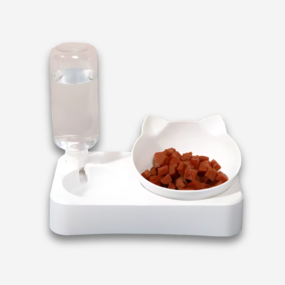 Gamelle orthopédique pour chat avec distributeur d'eau en plastique blanc. Le bol à droite a des oreilles de chat et de la nourriture à l'intérieur. Sur fond uni clair.