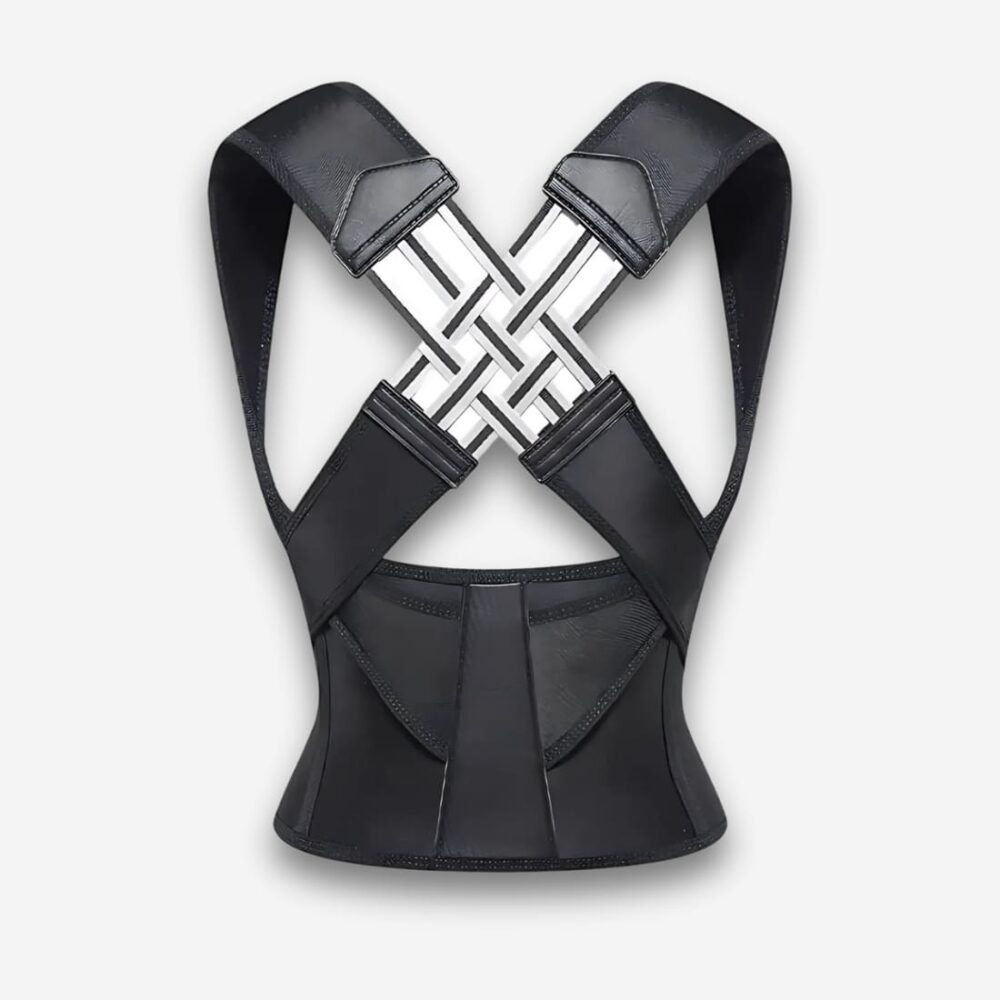 Gilet orthopédique correcteur de posture avec sangle abdominale de couleur noire. Les sangles sont croisées. Sur fond uni clair.