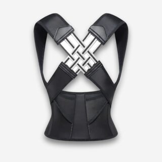 Gilet orthopédique correcteur de posture avec sangle abdominale de couleur noire. Les sangles sont croisées. Sur fond uni clair.