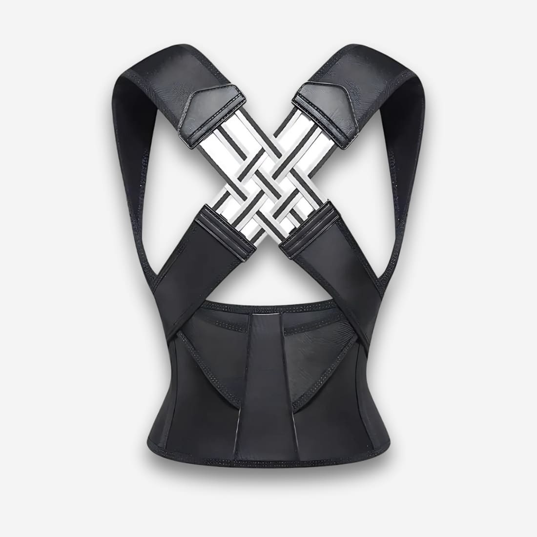 Gilet orthopédique correcteur de posture avec sangle abdominale de couleur noire. Les sangles sont croisées. Sur fond uni clair.
