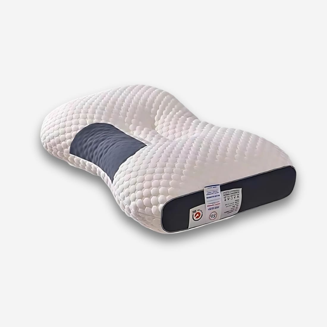 Oreiller orthopédique cervical antibactérien de fore rectangulaire aux bords arrondis de couleur blanche avec une zone centrale bleu foncé ainsi que les côté. Un creux pour la nuque. Sur fond uni clair.