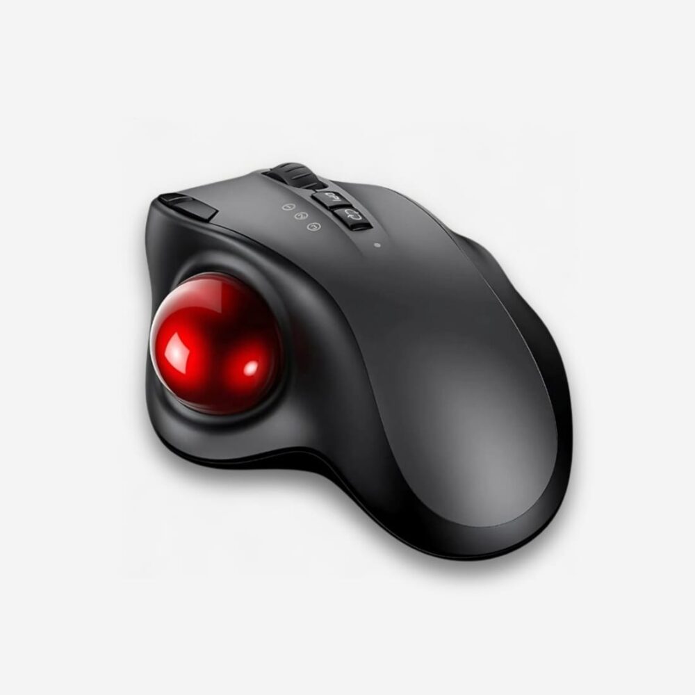 Souris orthopédique rechargeable avec trackball rouge sur la partie gauche. Sur fond uni clair.
