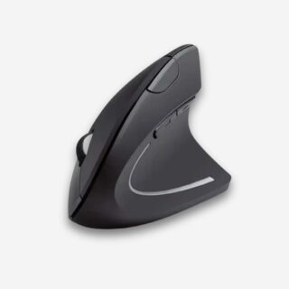 Souris orthopédique verticale et ergonomique de couleur noire. Sur fond uni clair.