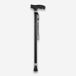 Une canne marche orthopédique antidéparante entièrement noire avec un corps en aluminium vue de profil sur un fond gris très clair uni.