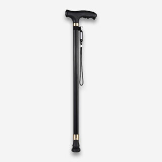 Une canne marche orthopédique antidéparante entièrement noire avec un corps en aluminium vue de profil sur un fond gris très clair uni.