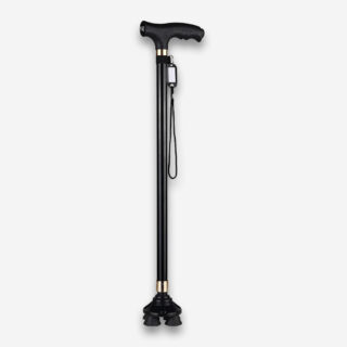 Une canne marche orthopédique antidéparante améliorée, entièrement noire avec un corps en aluminium et 4 pieds antidérapants, vue de profil sur un fond gris très clair uni.