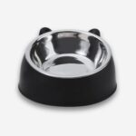 Bol orthopédique en inox pour chat. L'extérieur est noire avec des oreilles de chat et l'intérieur en inox. Sur fond uni clair.