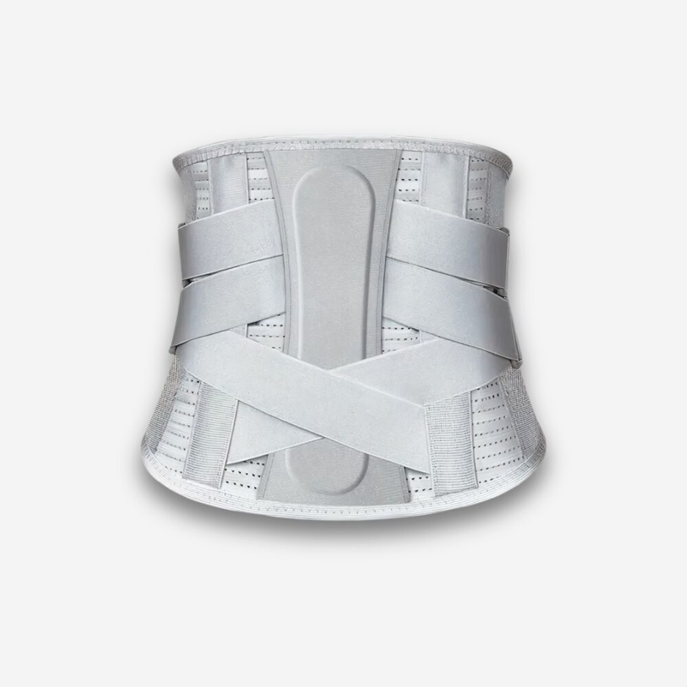 Ceinture lombaire orthopédique grise avec sangles croisées et renfort dorsal, vue de dos, sur fond neutre.