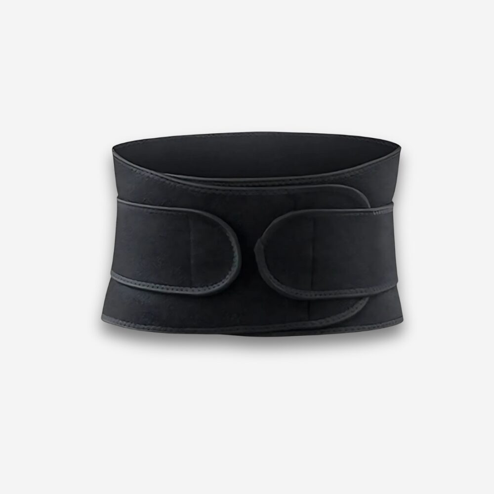 Ceinture orthopédique noire en tissu avec scratch de fermeture et double bande de maintien, sur fond neutre.