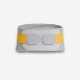 Ceinture orthopédique grise avec sangles jaunes, sur fond neutre.