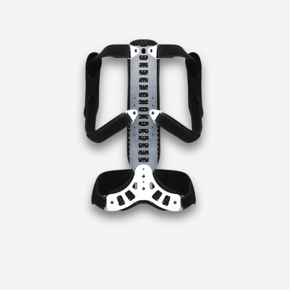 Corset orthopédique noir avec armature métallique verticale, sur fond neutre.