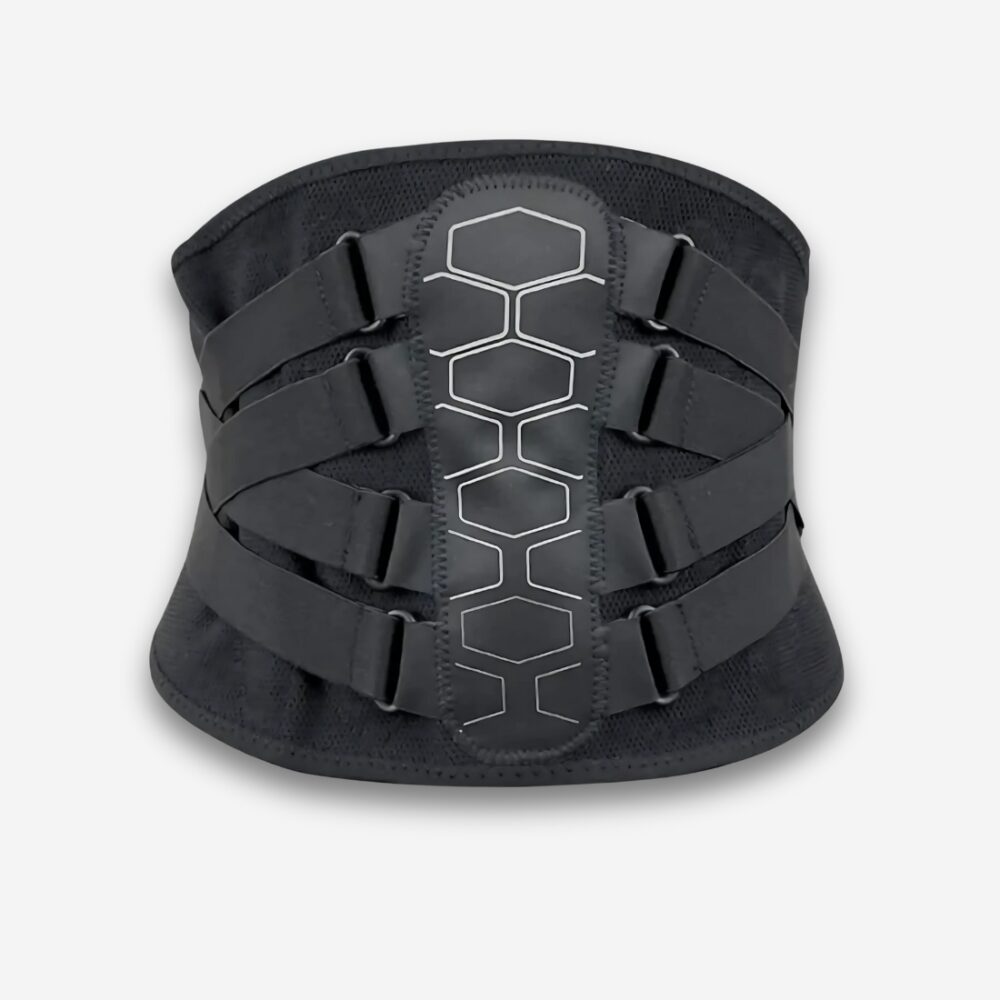 Ceinture orthopédique noire avec des sangles de maintien partant du milieu du dos, sur fond neutre.