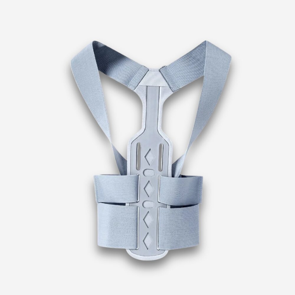 Corset orthopédique gris à armature rigide et sangles croisées, sur fond neutre.