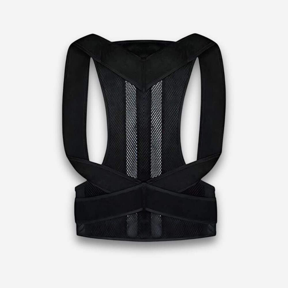 Corset orthopédique noir avec armature intégrée, sur fond neutre.