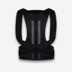 Corset orthopédique noir avec armature intégrée, sur fond neutre.