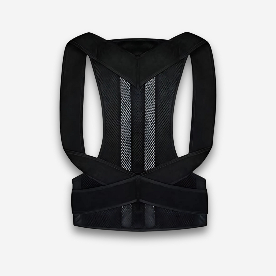 Corset orthopédique noir avec armature intégrée, sur fond neutre.