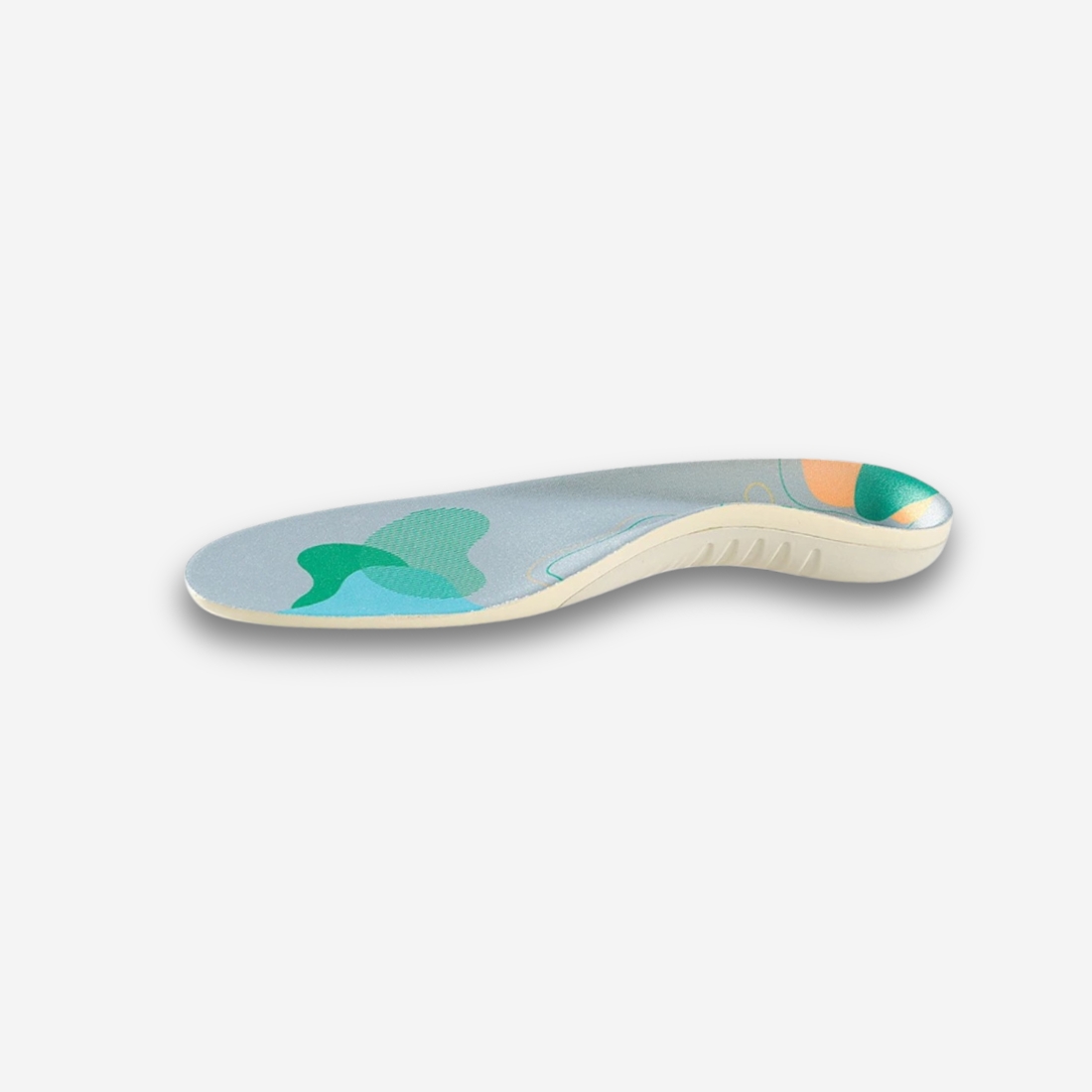 Semelle orthopédique blanche grise et verte vue de profil, sur fond neutre.