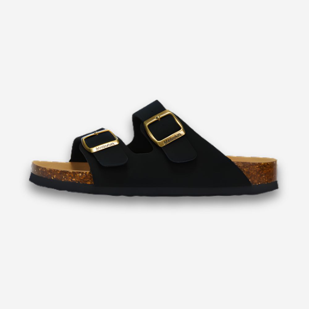 Mule orthopédique pour homme avec brides larges en cuir noir et semelle en liège, sur fond neutre.