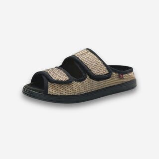 Mule orthopédique homme noire et jaune pâle avec brides ajustables et semelle ergonomique, vue de coté, sur fond neutre
