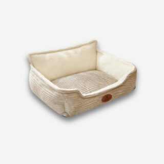 Panier orthopédique beige rectangulaire en velours côtelé avec rebords rembourrés, sur fond neutre.