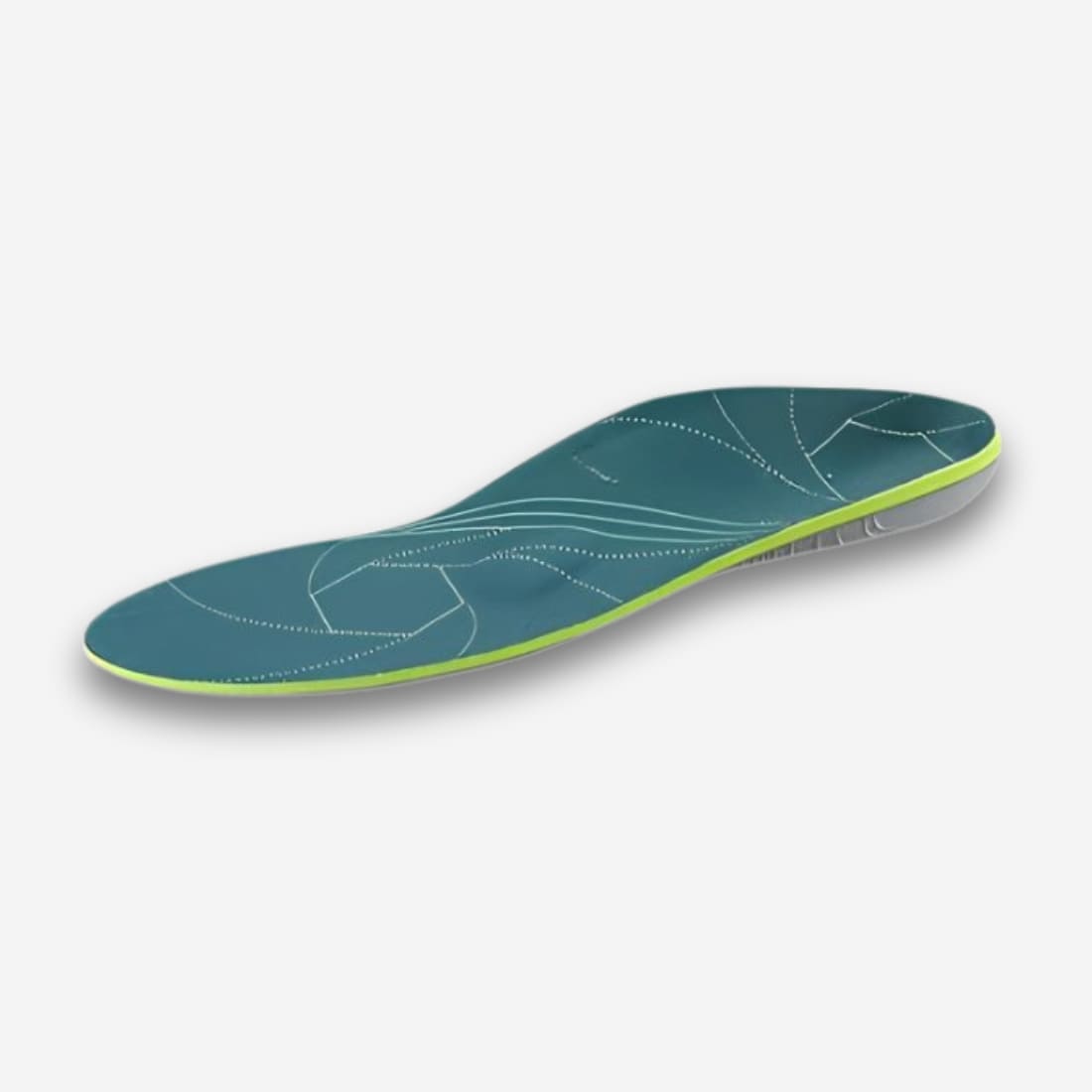 Semelles orthopédiques soutien et amorti de couleur verte avec un liseré jaune. Sur fond gris très clair.