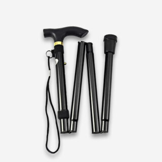 Une canne marche orthopédique pliante en aluminium de couleur noire, pliée en 4 sur un fond gris très clair uni.