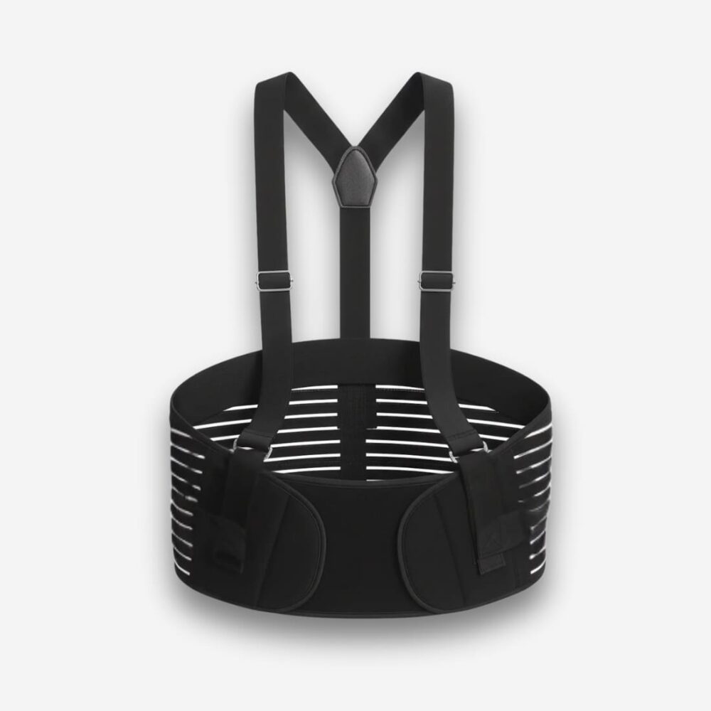 Ceinture orthopédique de soutien pour la grossesse de couleur noire avec des bretelles. Sur fond gris très clair.