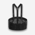 Ceinture orthopédique de soutien pour la grossesse de couleur noire avec des bretelles. Sur fond gris très clair.
