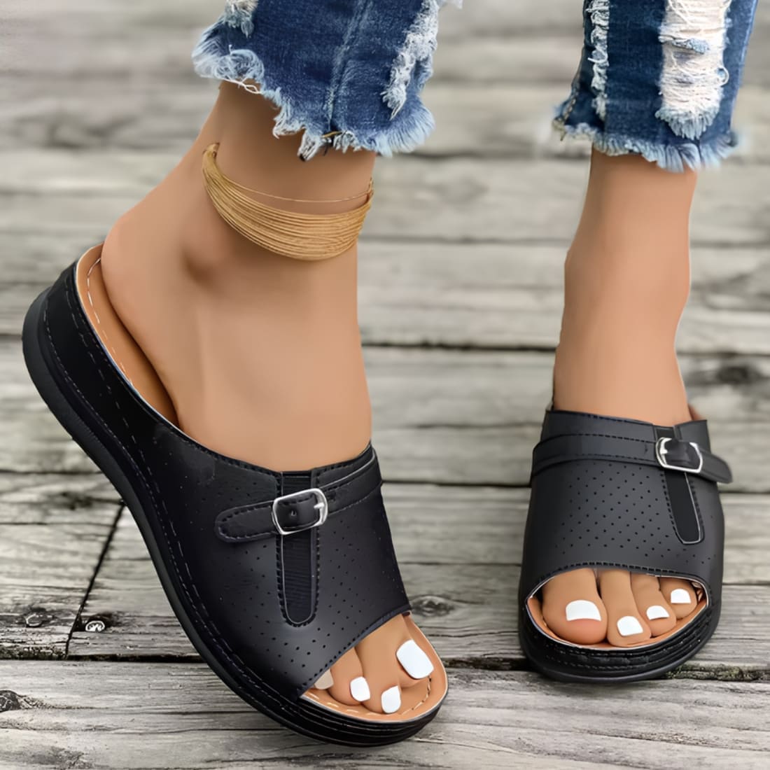 Mules orthopédiques en cuir synthétique pour femme avec petite boucle – Image 5