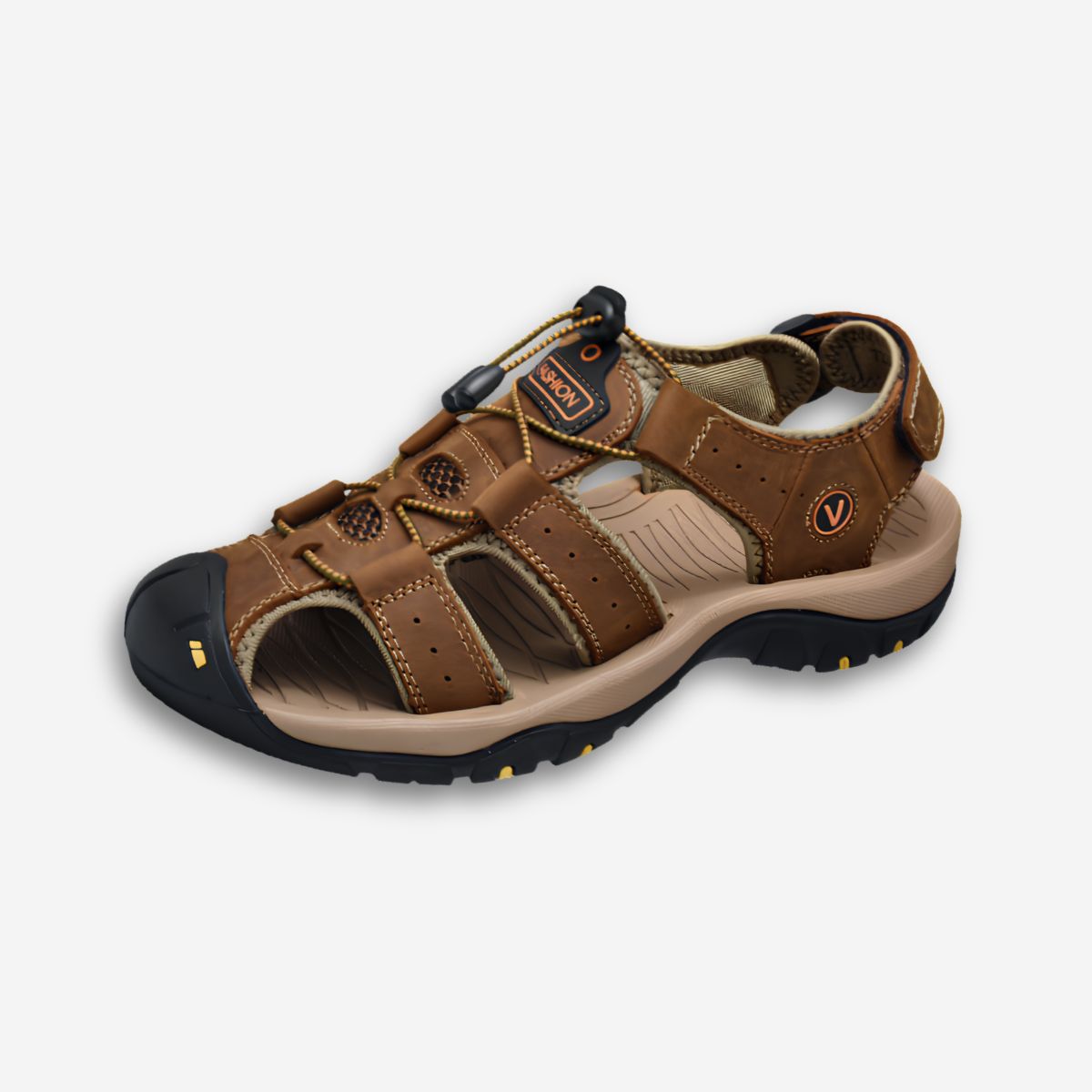 Une sandale orthopédique homme respirante en cuir de couleur marron foncée, vue de profil sur on fond gris très clair uni.