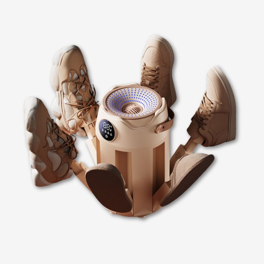 Sèche chaussures beige, en forme cylindrique avec 6 bras autour, et 6 chaussures.